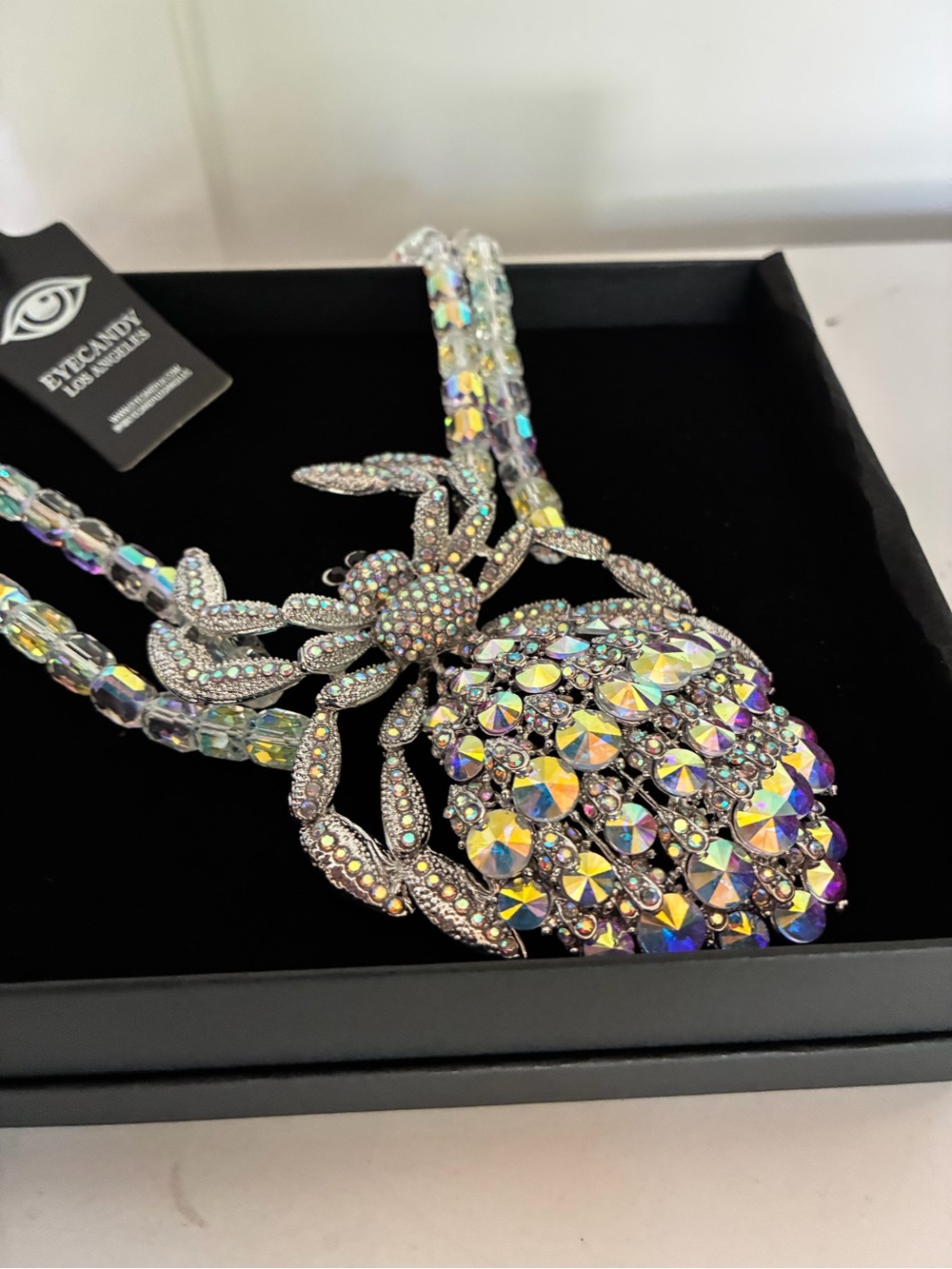 Eye Candy Iridescent Crystal Spider Pendant Necklace - Silver Tone - Picture 2 of 3